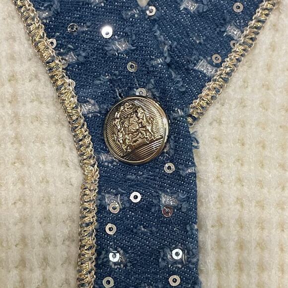 Nanette Lepore M Cardigan NWOT | Cream Knit, Denim Sequin Trim, Gold Buttons - Picture 7 of 9